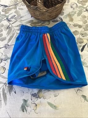 Aviator Nation Blue Athletic Shorts with Rainbow Side Stripes